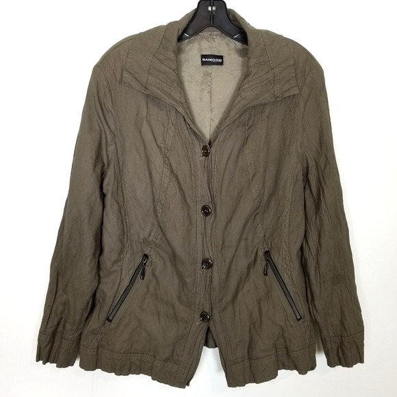 Samoon By Gerry Weber Women Button Up  Jacket Sz 18 Taupe Lightweight Zip Pocket - Picture 1 of 11